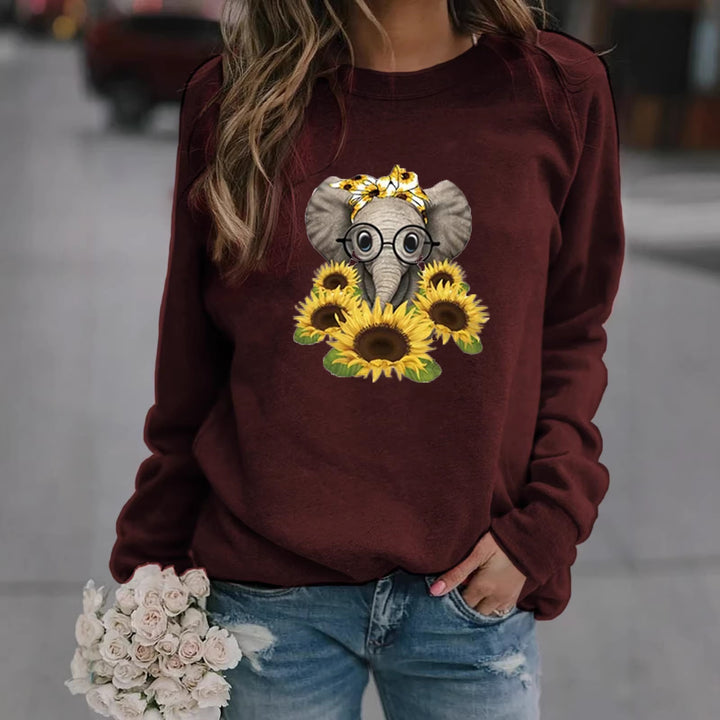 Damen-Sweatshirt mit Elefantenprint, Sonnenblumenmotiv und weichem Fleece Drune