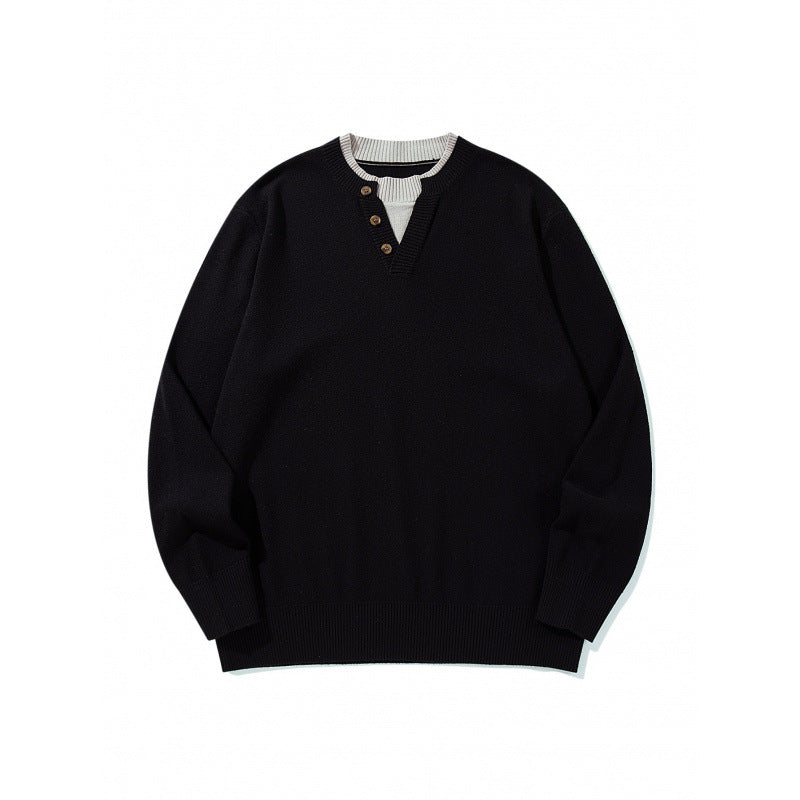Unisex Strickpullover mit Henley-Knopfleiste, Kontrastkragen und Boxy‑Schnitt Drune