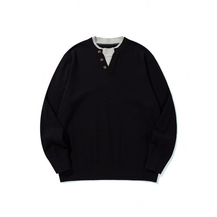Unisex Strickpullover mit Henley-Knopfleiste, Kontrastkragen und Boxy‑Schnitt Drune