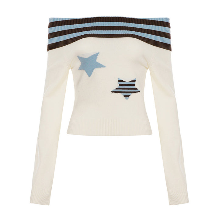 Damen Schulterfreier Feinstrick-Pullover mit Umschlagkragen und Stern-Applikation Drune