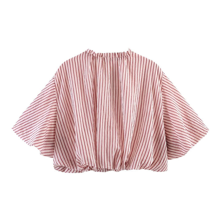 Damen Gestreifte Oversize-Bluse mit Quastenband und Volumenärmeln Drune