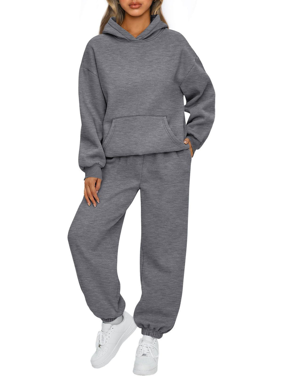 Damen nan gemütliches French-Terry Loungewear-Set mit doppellagiger Kapuze, Kängurutasche und elastischem Knöchel-Jogger Drune