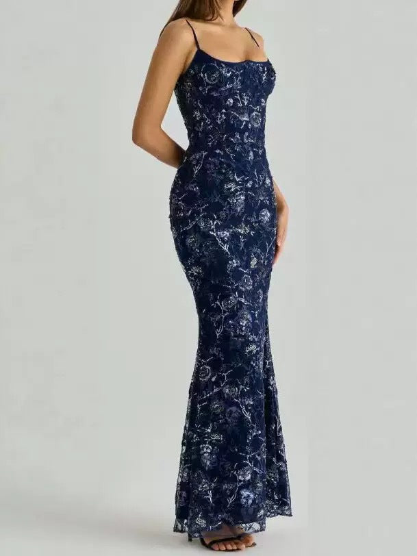 Damen nan elegantes besticktes Abendkleid mit Korsettoberteil und transparentem Spitzenüberzug Drune