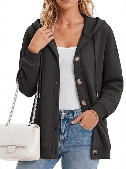 Damen Fleece-Kapuzencardigan mit Knopfleiste, Raglanärmeln und Eingrifftaschen Drune