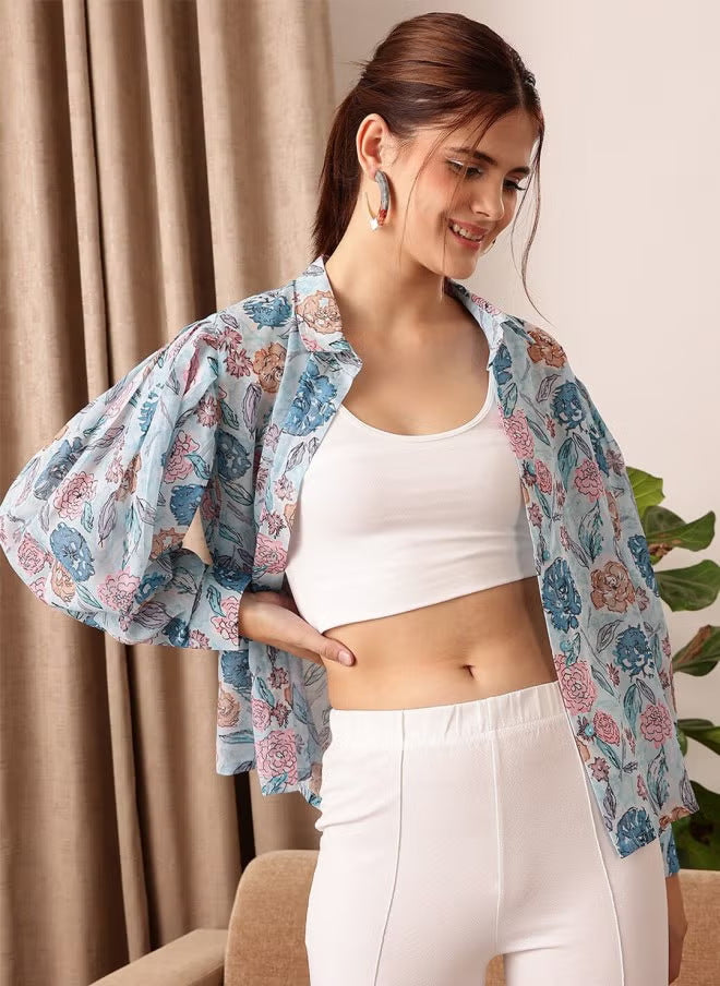 Damen Leichte Chiffon-Bluse mit floralem Allover-Print und Ballonärmeln Drune