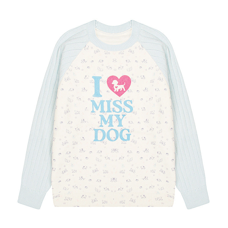 Damen Strickpullover mit Raglanärmeln, Allover-Hundemotiv und Statement-Print Drune