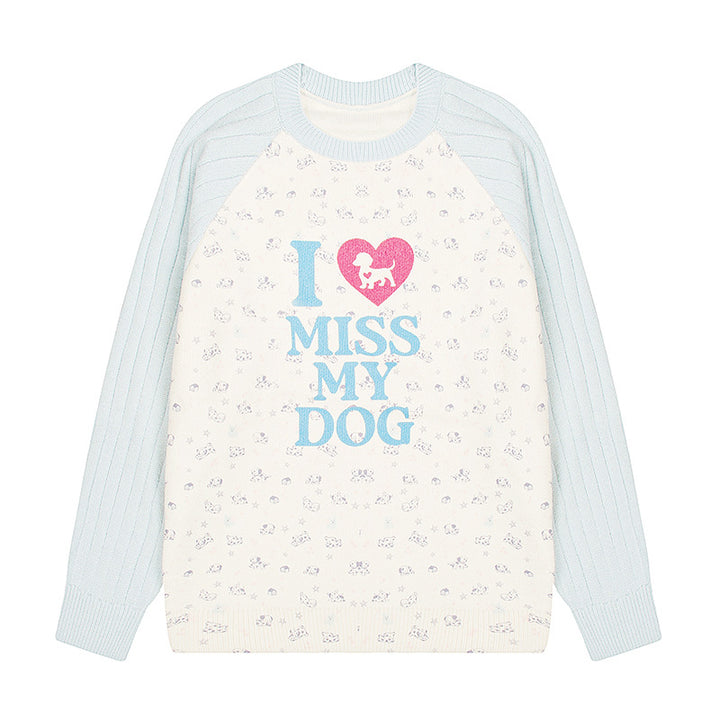 Damen Strickpullover mit Raglanärmeln, Allover-Hundemotiv und Statement-Print Drune