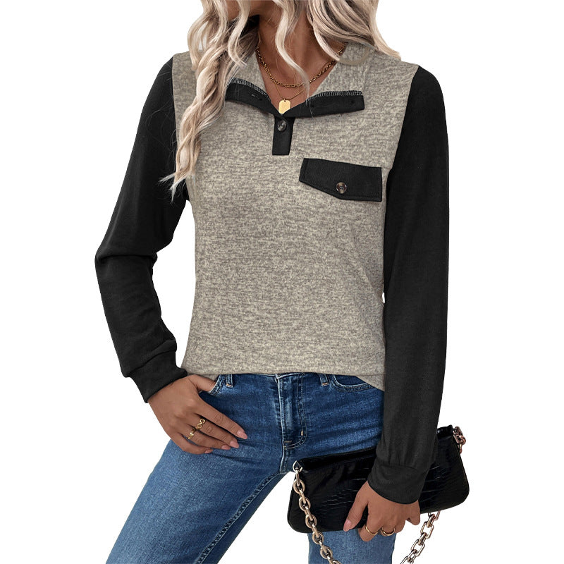 Damen Two‑Tone Langarmshirt mit Kontrastärmeln, Henley‑Knopfleiste und Brusttasche Drune