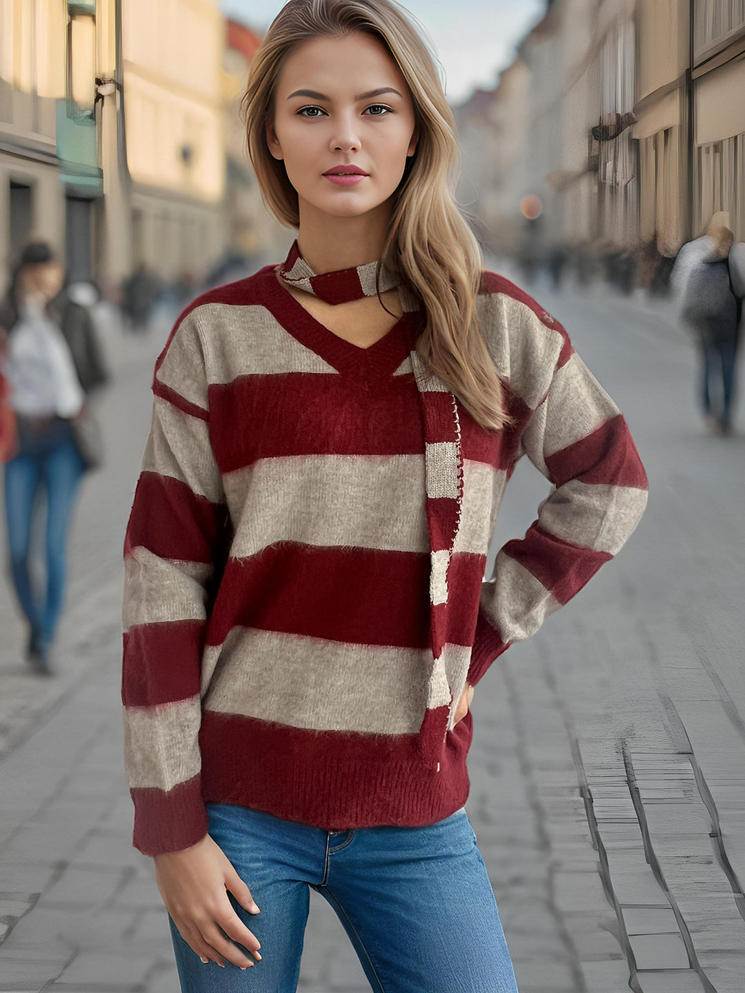Damen lässiger Strickpullover mit besonderen Schlaufenakzenten Drune