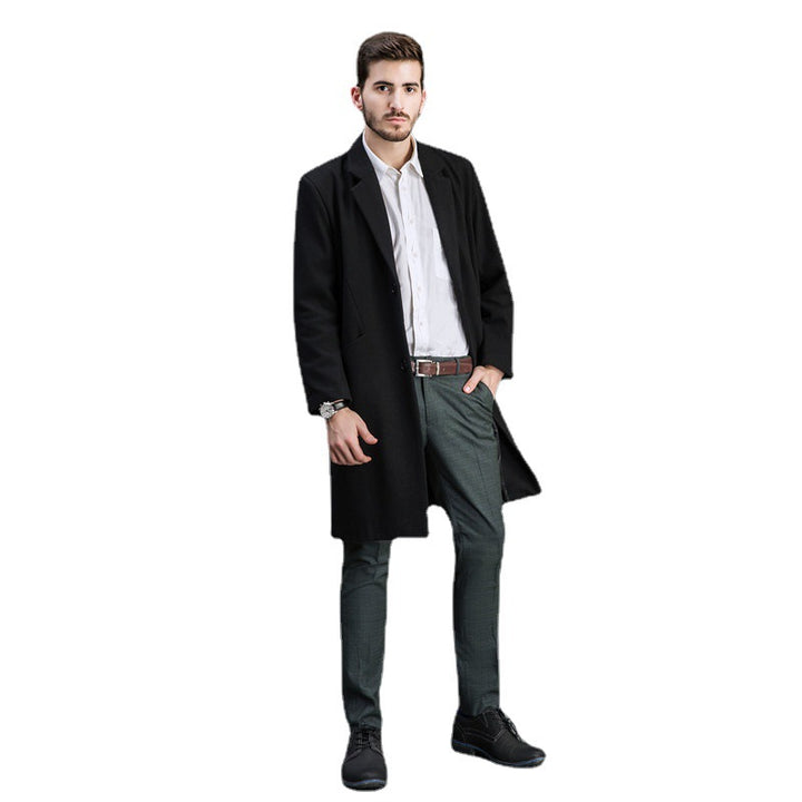 Herren Zeitloser langer Wollmantel mit schmalem Revers und Zweiknopf‑Verschluss Drune