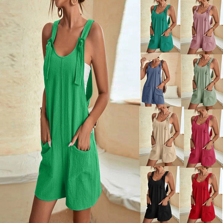 Damen Sommerlicher Latzshorts-Overall mit Knoten-Trägern und aufgesetzten Taschen Drune