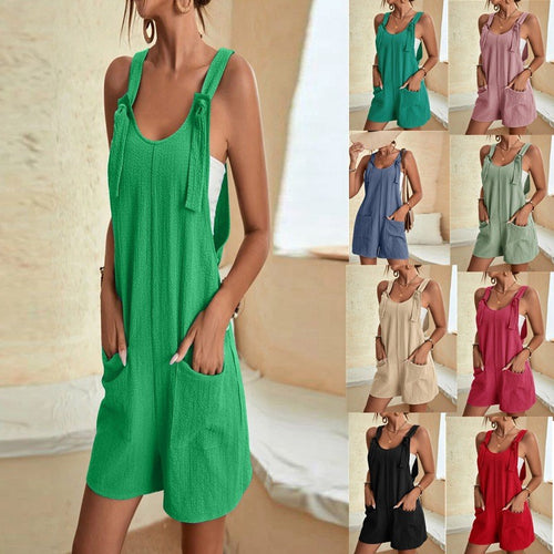 Damen Sommerlicher Latzshorts-Overall mit Knoten-Trägern und aufgesetzten Taschen Drune