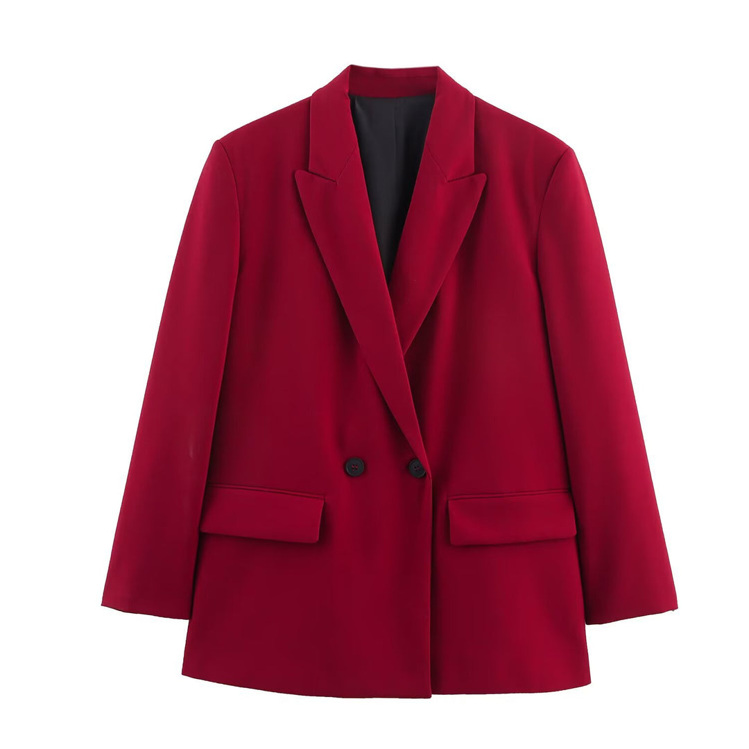 Damen Doppelreiher-Blazer mit Reverskragen, längerem Oversize-Schnitt und Pattentaschen Drune