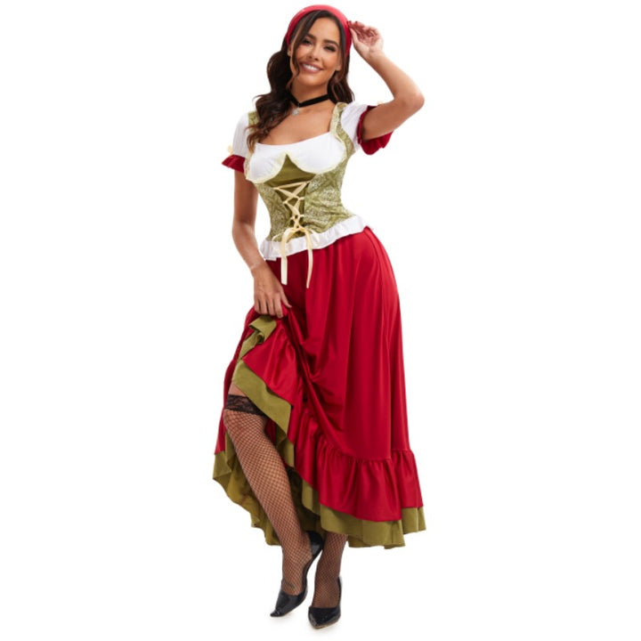 Damen nan sexy bayerisches Dirndl Kostüm mit geschnürtem Mieder Puffärmeln und mehrlagigem Stufenrock Drune