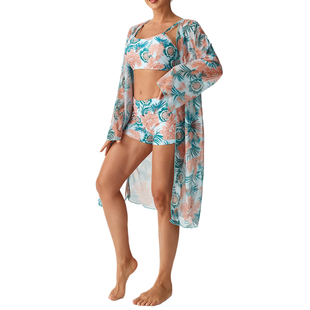Damen Strandoutfit mit floralem Design und transparentem Kaftan Drune