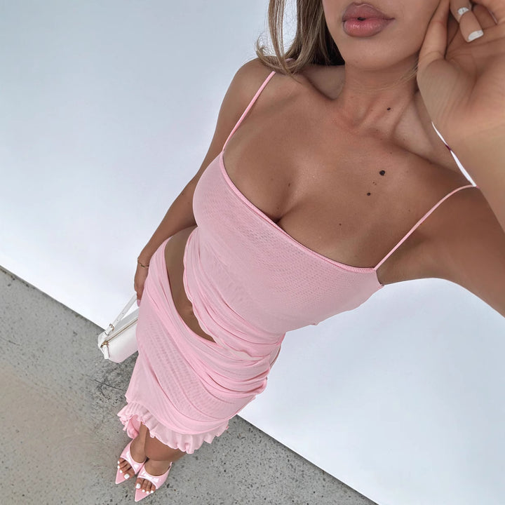 Damen elegantes Wickelkleid mit voluminösem Rüschensaum Drune