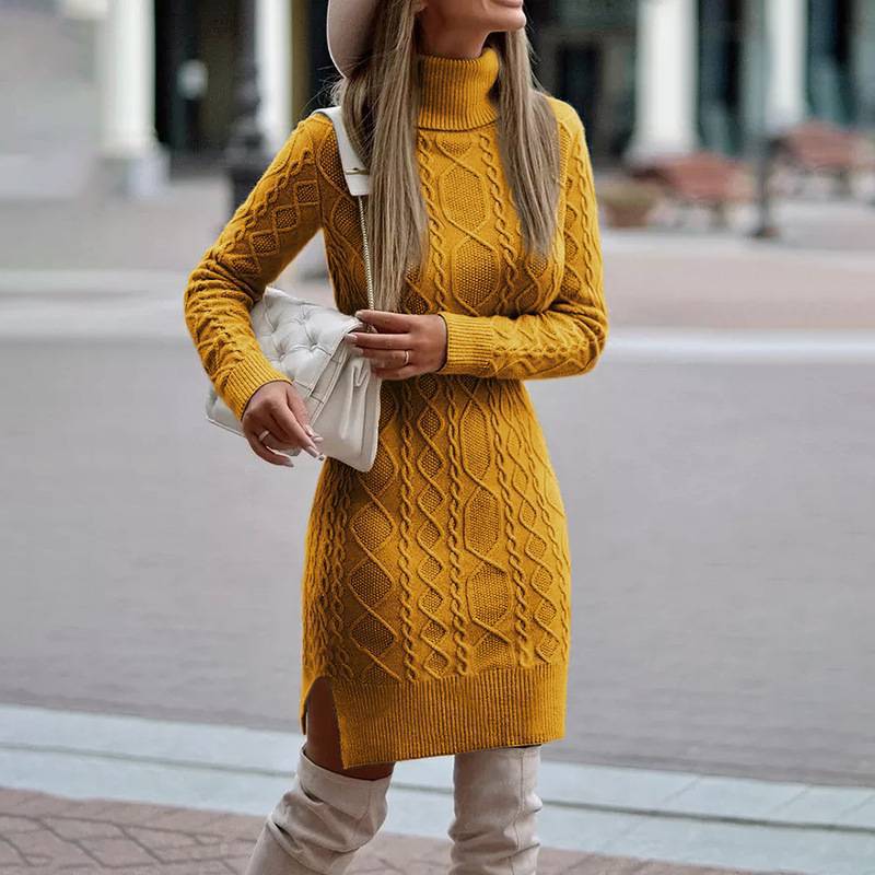 Damen nan figurbetontes Strickkleid mit Rollkragen, Zopfmuster, seitlichem Schlitz und geripptem Saum Drune