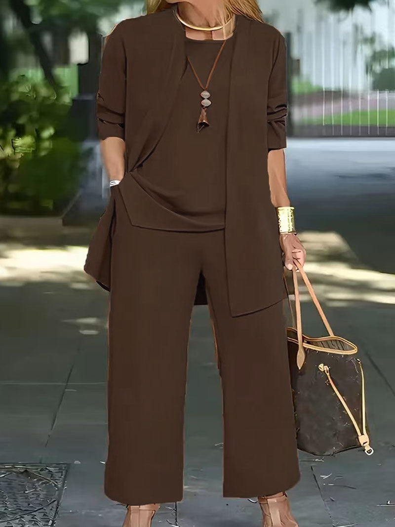 Damen Elegantes Zweiteiler-Set mit offenem Longcardigan, ärmellosem Top und weiter Palazzo-Hose Drune