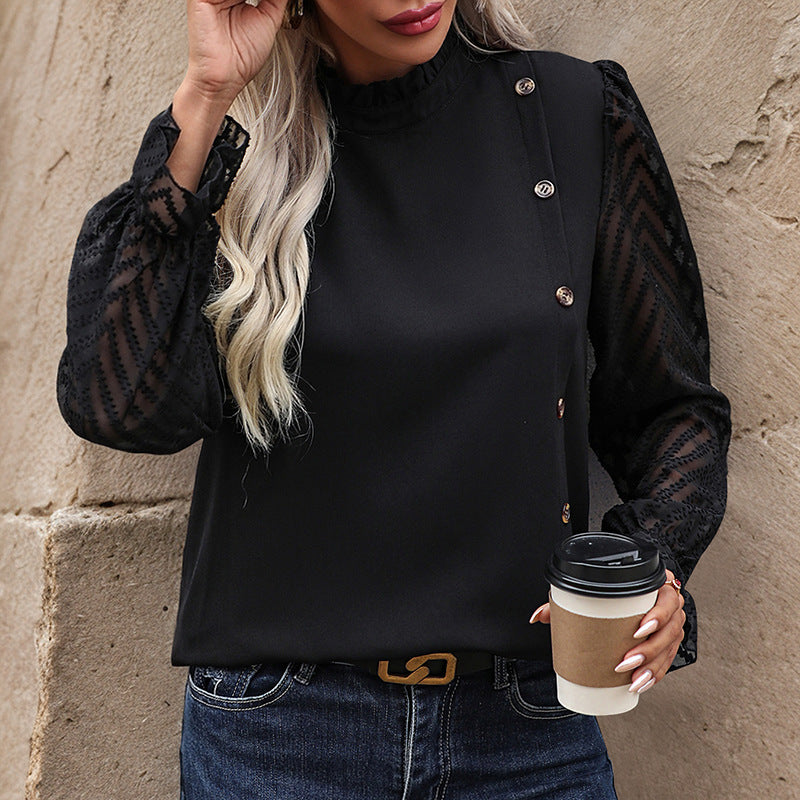 Damen Elegante Bluse mit transparenten Ärmeln und Knopfdetails Drune