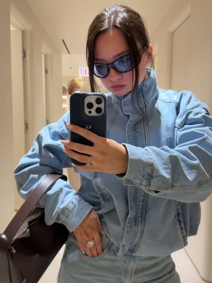 Damen Cropped Denimjacke im Bomberstil mit hohem Stehkragen und oversized Ärmeln Drune