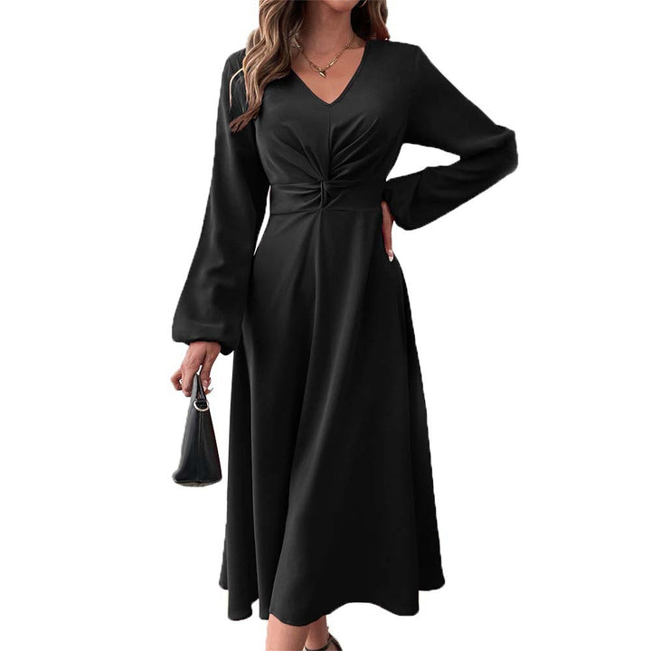 Damen elegantes Midikleid mit figurformender Drapierung und tiefem V-Ausschnitt Drune