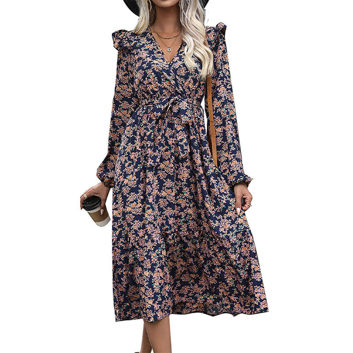 Damen Wickel-Midikleid mit V‑Ausschnitt, Volant-Schultern & Taillenband Drune