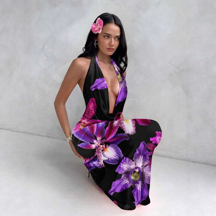 Damen ElegantesMaxikleid mit raffiniertem Blumendruck und tiefem V-Ausschnitt Drune