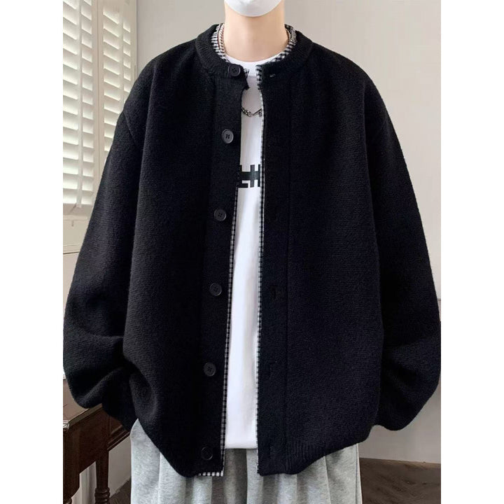 Herren Oversized Strickjacke im Bomberstil mit Rundhals und Knopfleiste Drune