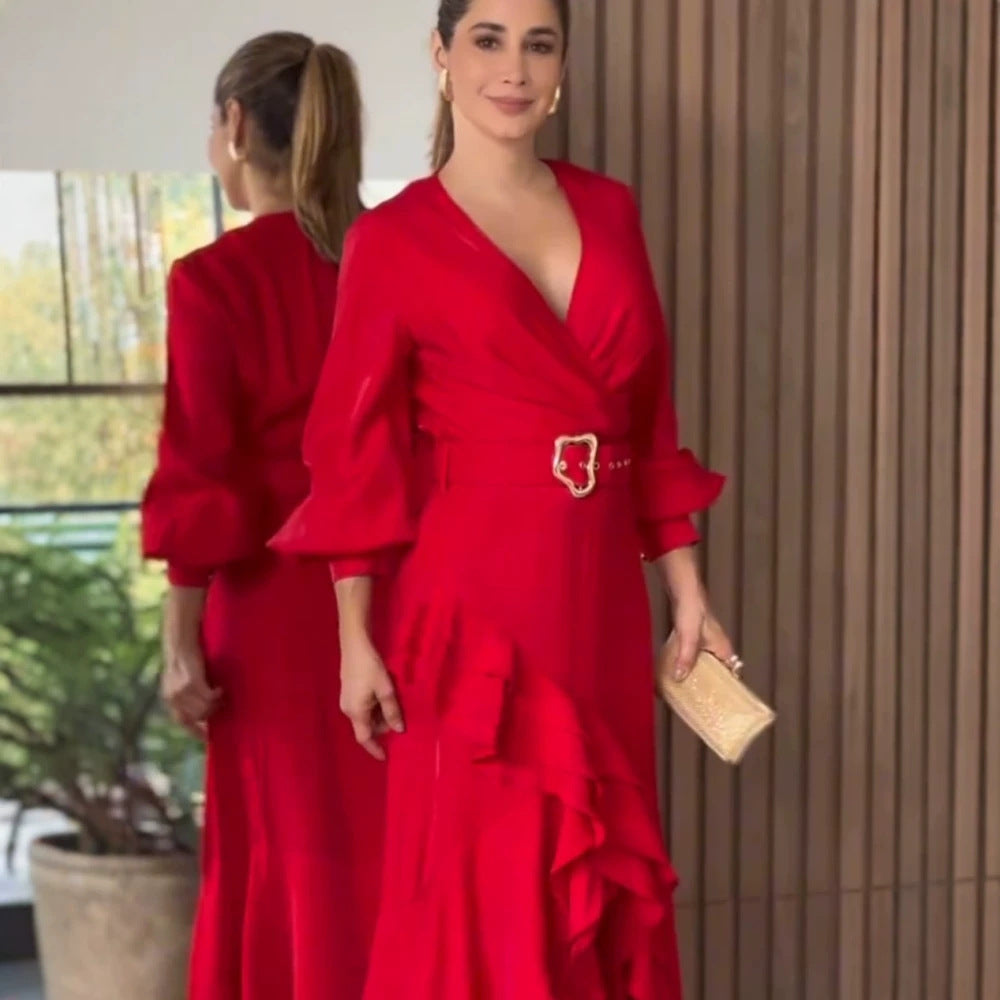 Damen Elegantes Wickel-Maxikleid mit Volants, tailliertem Gürtel & weitem Glockenärmel Drune