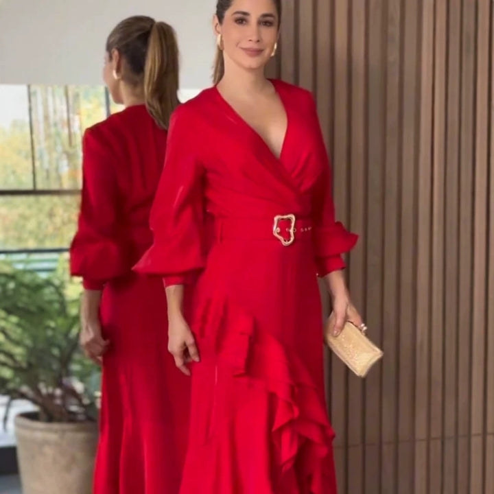 Damen Elegantes Wickel-Maxikleid mit Volants, tailliertem Gürtel & weitem Glockenärmel Drune