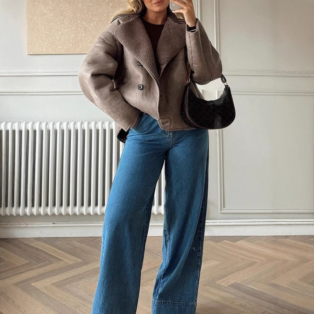 Damen Oversized Kunstlederjacke mit strukturiertem Futter und lässigem Schnitt Drune