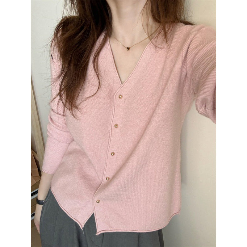 Damen modische Strickjacke mit vornem Knopfverschluss und V-Ausschnitt Drune
