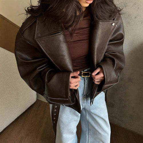 Damen modische Bikerjacke mit breitem Kragen und Taillengürtel Drune