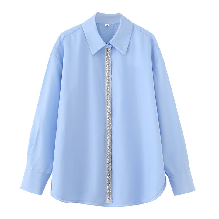 Damen nan oversized Hemdbluse mit Perlen- und Schmucksteindetail an verdeckter Knopfleiste, klassischem Kragen und gerundetem Saum Drune