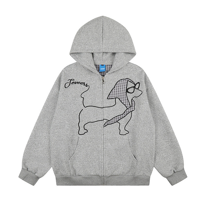 Damen Kapuzen-Zipjacke im Oversize-Cut mit gestickter Dackel-Illustration und Vichy-Detail Drune