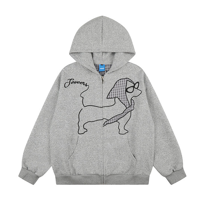 Damen Kapuzen-Zipjacke im Oversize-Cut mit gestickter Dackel-Illustration und Vichy-Detail Drune