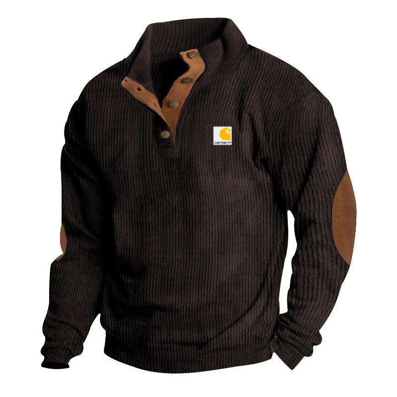 Herren nan Strickpullover im Troyer-Stil mit Stehkragen Lederbesatz Druckknopfleiste und Ellbogen-Patches Drune