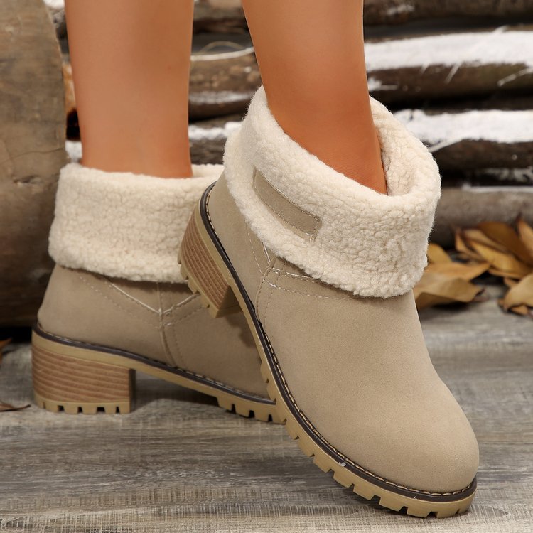 Damen warme Stiefeletten mit flauschigem Schafsfellkragen Drune