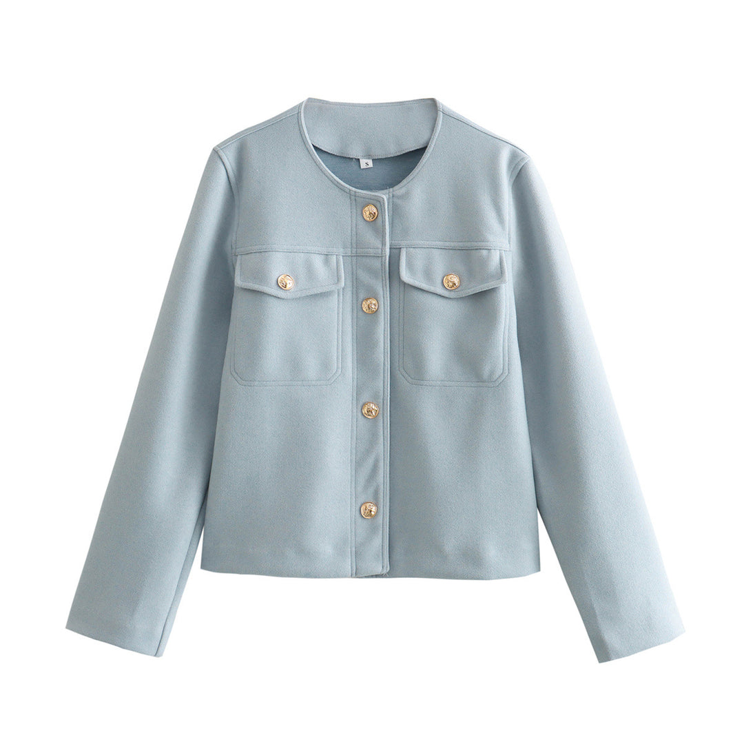 Damen nan strukturierte Kurzjacke mit Rundhals, Brusttaschen und dekorativer Metallknopfleiste Drune