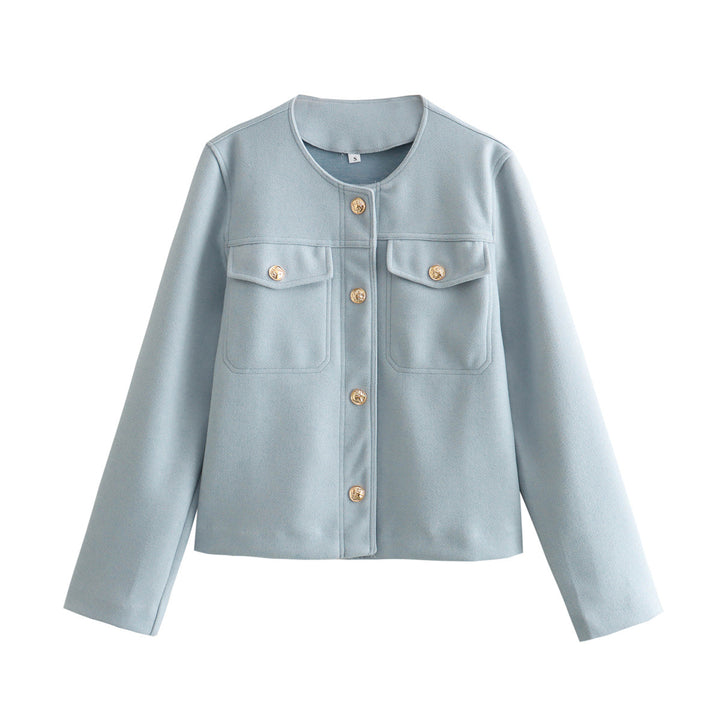 Damen nan strukturierte Kurzjacke mit Rundhals, Brusttaschen und dekorativer Metallknopfleiste Drune