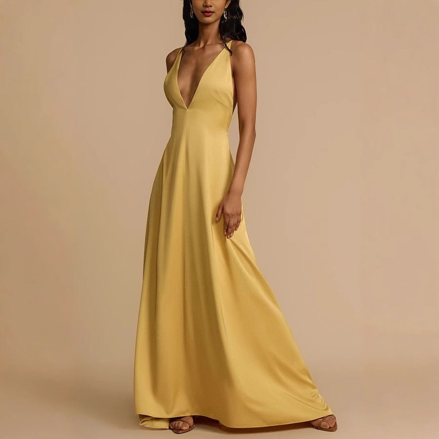 Damen Elegantes Maxikleid mit tiefem V-Ausschnitt und fließendem Schnitt Drune
