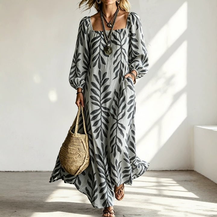 Damen Maxikleid mit quadratischem Ausschnitt, Ballonärmeln und botanischem Print Drune