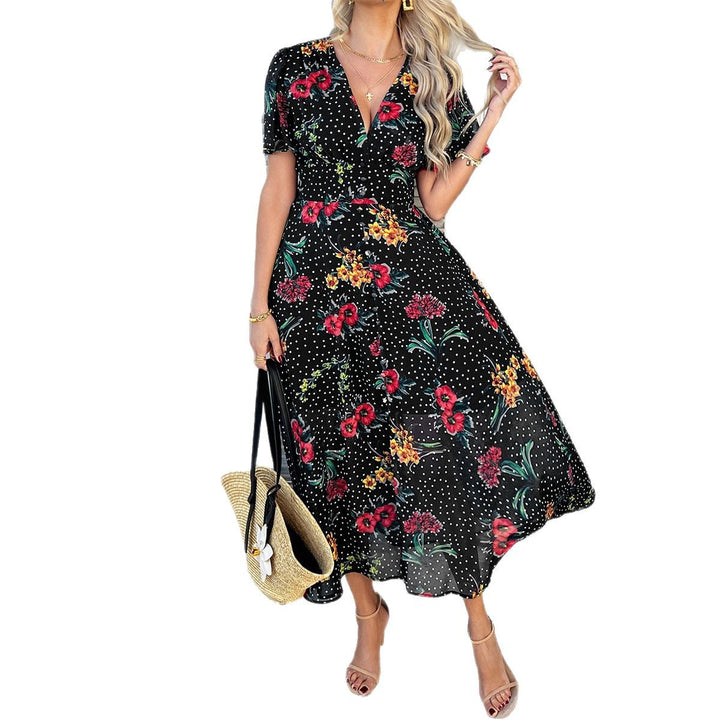 Damen Maxikleid mit floralem Muster und gepunktetem Design Drune