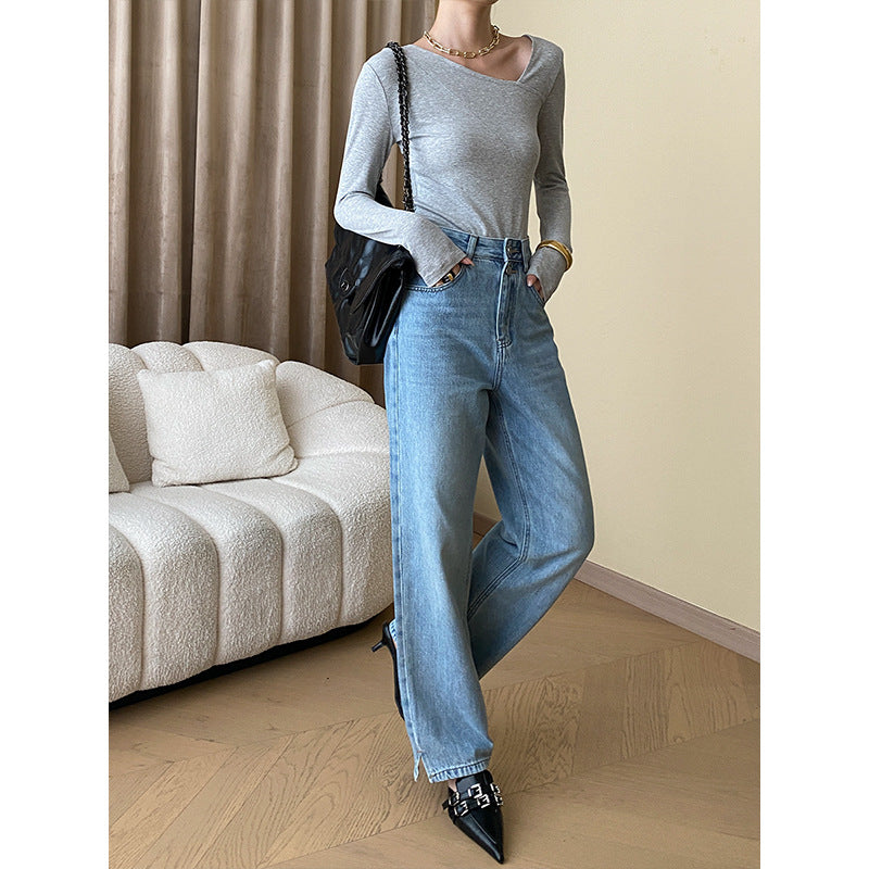 Damen Langarmshirt mit modernem U-Boot-Ausschnitt und feiner Rippstruktur Drune