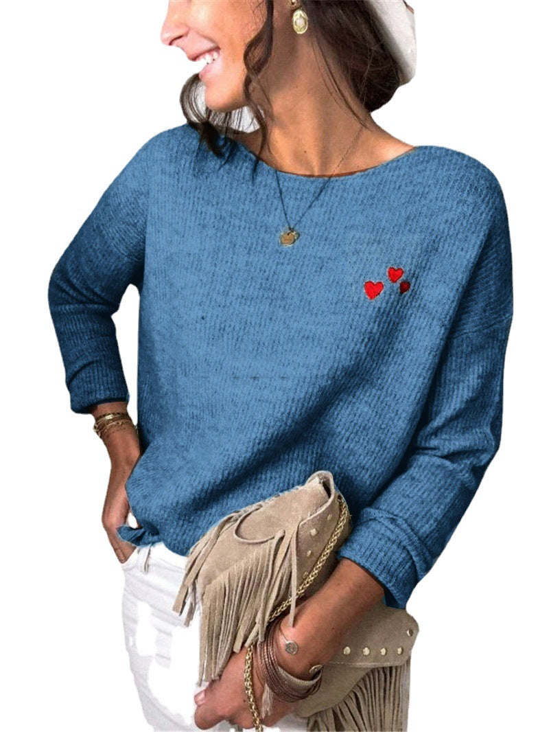 Damen Leichter Feinstrickpullover mit U-Boot-Ausschnitt, lockerem Sitz und Herzstickerei Drune
