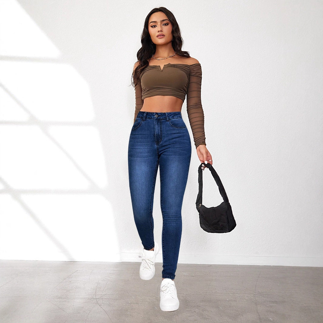 Damen High-Waist Skinny Jeans mit angedeuteten Taschen und elastischem Bund Drune
