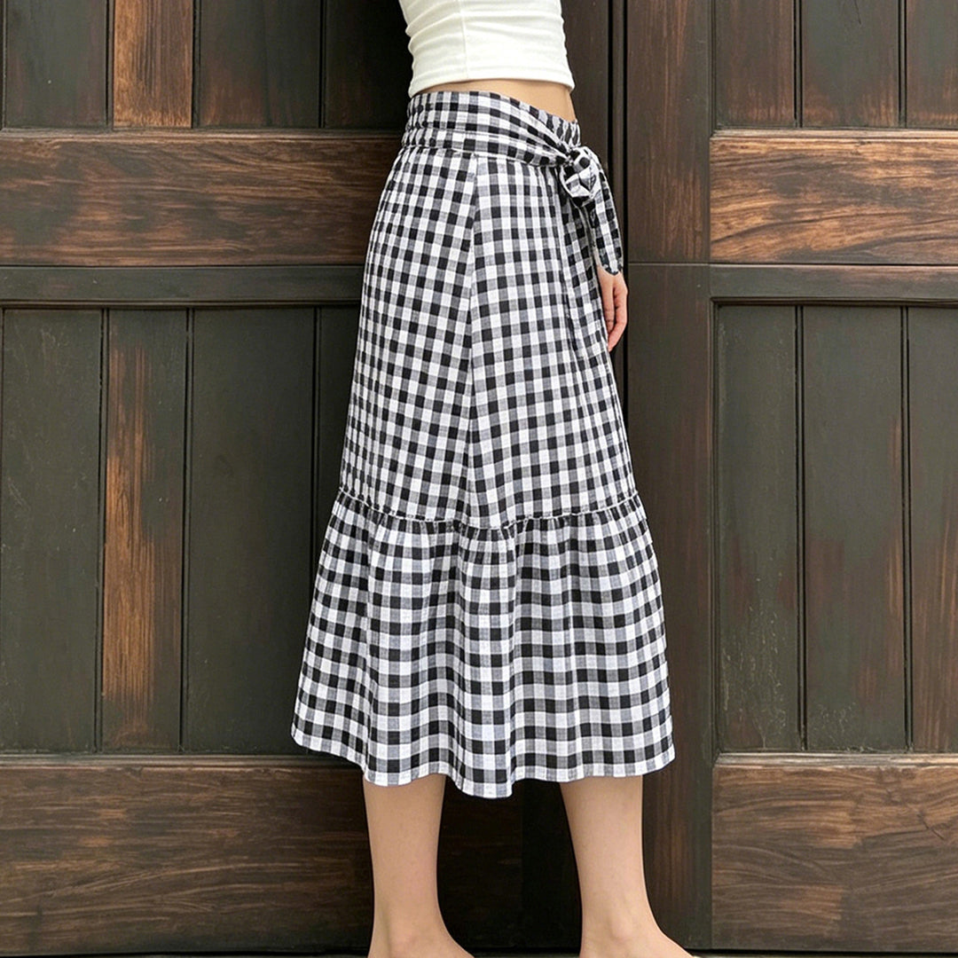 Damen Karierter Midirock mit hoher Taillenbinde und Stufenvolant Drune