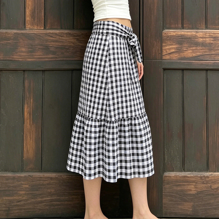 Damen Karierter Midirock mit hoher Taillenbinde und Stufenvolant Drune