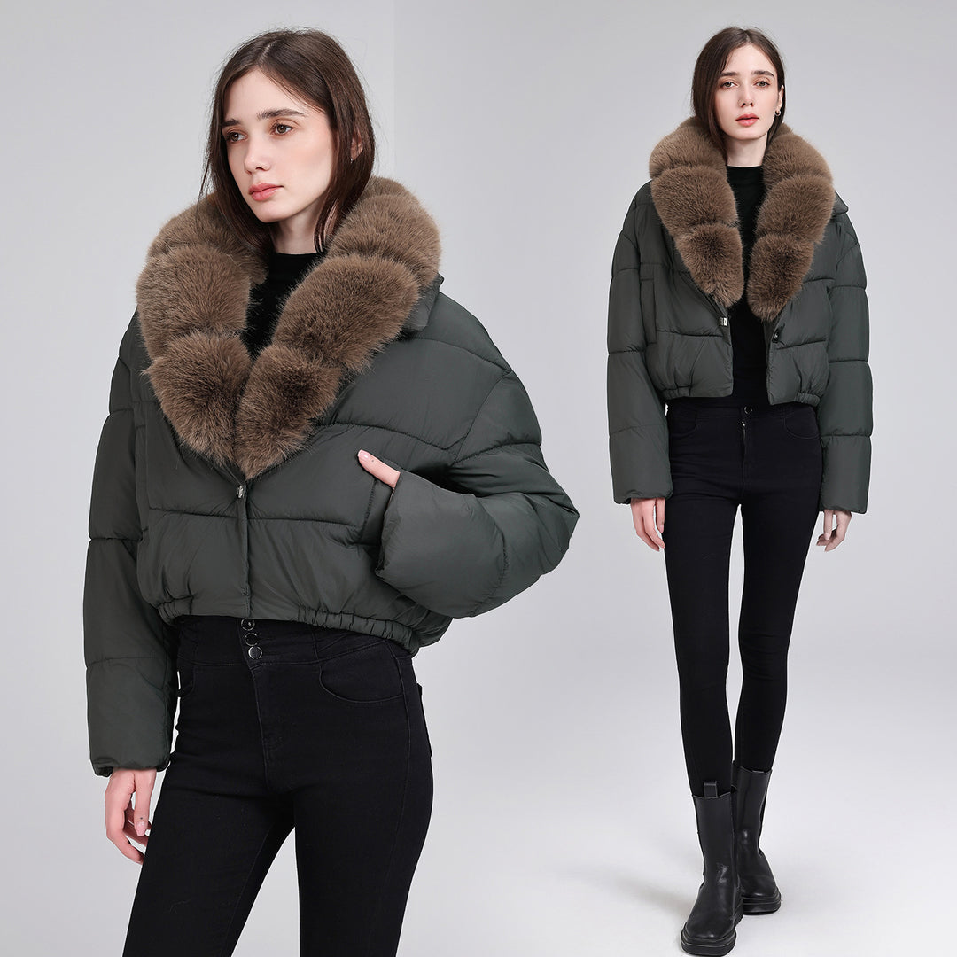 Damen Kurze gesteppte Puffer-Bomberjacke mit extra weitem Kunstfellkragen Drune