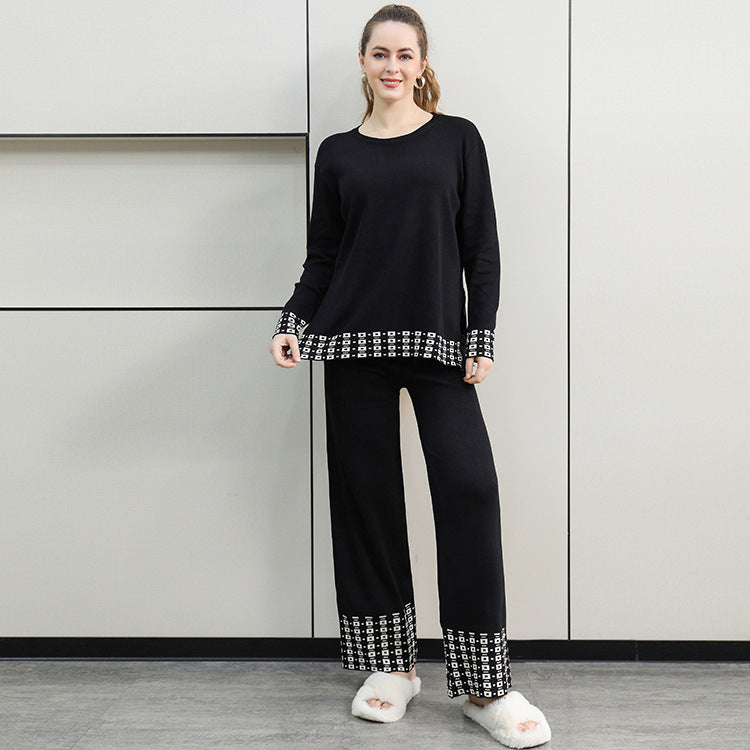 Damen stilvolles Strick-Loungewear-Set mit dekorativen Kontrastabschlüssen Drune